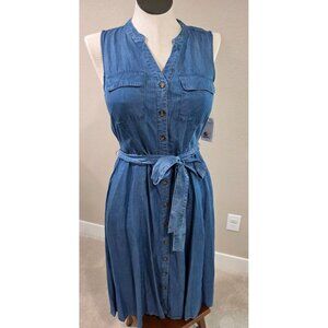 Sleeveless Blue Chambray Button Front Dress With Waist Tie Size M